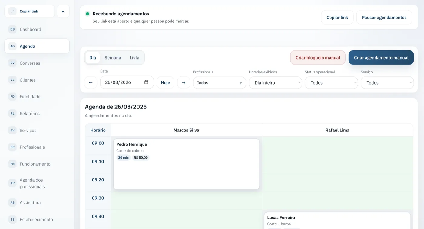 Grade do dia do Agenda Exata: horários nas linhas, profissionais nas colunas e cada atendimento como um bloco contínuo.